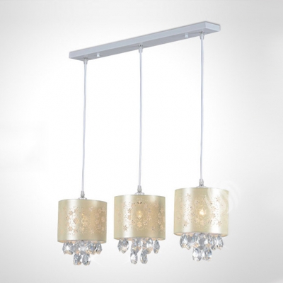 Elegant Three Light Multi-Light Pendant Features Delicate Beige Fabric Shades and Beautiful Hand-cut Crystal Drops