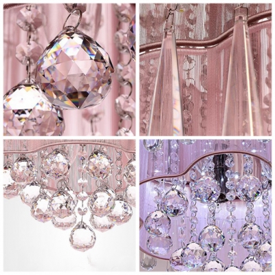 Large Crystal Drops Hanging Outer Pink Silken Inner Shade Crystal Flush Mount Lighting