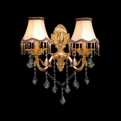 Lavish Wall Sconce Creating Exquisite Embellishment for Home Decor with Elaborate Gold Finish Plate and White Fabric Shades