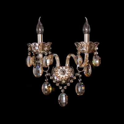 Luxury Regal Two Light Crystal Wall Sconce with Delicate Plates and Graceful Curving Crystal Arms