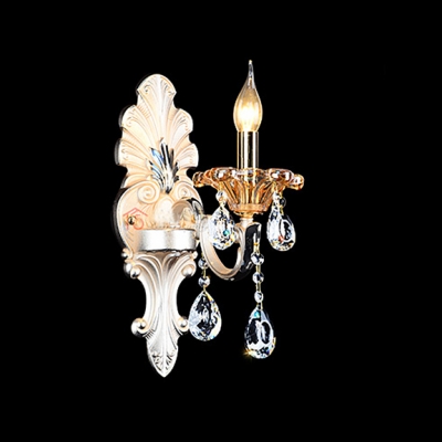Magnificent Single Light and Crystal Creates Stunning Wall Sconce with Beige Fabric Bell Shade