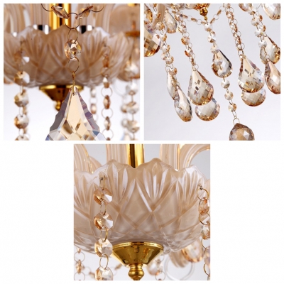 Majestic and Bold 6-Light Champagne Strands of Crystal Bobeche and Pendants Chandelier