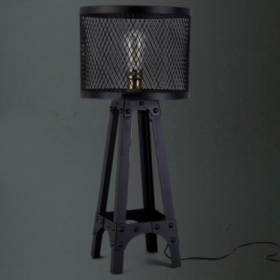 Retro Drum Shaded Industrial  Black Iron Network Four-feet Table Lamp