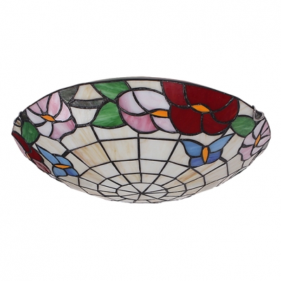 Tiffany Tow Lights Glass Shade with Botanic Pattern Flush Mount Ceiling Light