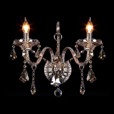 Beauteous Two Candle Lights Wall Sconce with Graceful Scrolling Arms and Faceted Crystal Drops