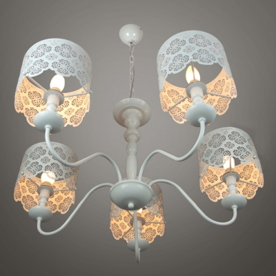 Beautiful White Hollow Out Floral Designer 5-Light Chandelier with Drum Shades