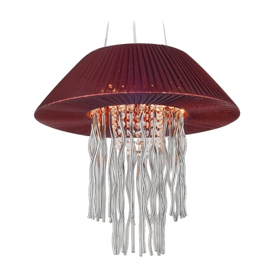 Bold Red Folded Fabric Shade and Beautiful Strands of Crystal Beads Adorned Sophisticated Three Lights Pendant Light