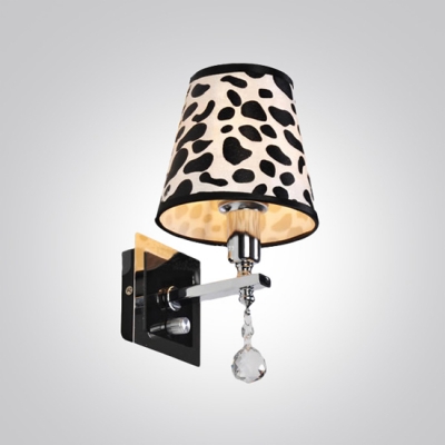 Contemporary Attractive Wall Sconce Features Clear Crystal Drops and Appealing Black Pattern Fabric Shade