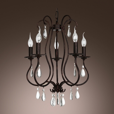 Crystal Teardrops Five Candle Lights Antique Copper Wrought Iron Chandelier