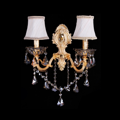 Delicate Gold Scrolling Arms And White Fabric Shades Creates Stunning Wall Sconce