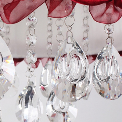Red Flower Accented Fabric Shade Rounded Flush Mount Dropped Hand Cut Crystal Droplets
