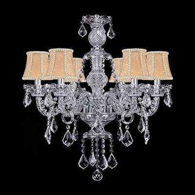 Romantic and Elegant Ivory Fabric Bell Shades and Clear Crystal Traditional Chandelier