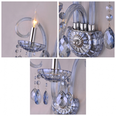 Romantic Blue Crystal Arms and Drops Add Charm to Glittering Single Candle Light Wall Sconce