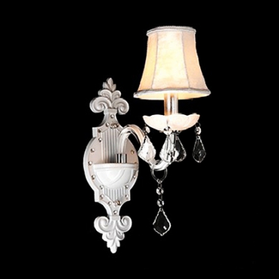 Splendid European Style Wall Sconce in All White Adorned with Faceted Crystal Drops and Delicate Canopy