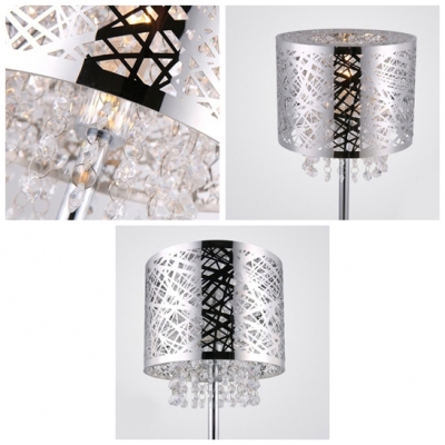 Stunning Chrome Finish Drum Shade and Beautiful Strands of Clear Crystal Beads Add Charm to Contemporary Table Lamp