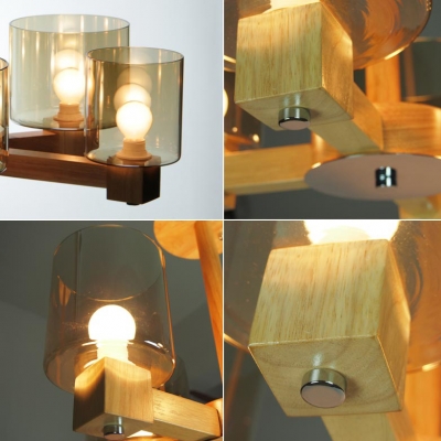 Glass Drum Shade Wood Frame Designer Chandelier, 19.6”Wide 4 Light