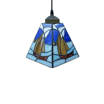 Blue Mini Pendant Light Stained Glass Tiffany Style Sailboat Lamp