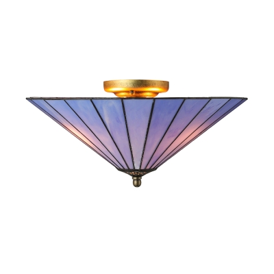 Fantastic Blue Glass Shade Three Lights Tiffany Semi Flush Mount Ceiling Light