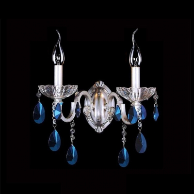 Glamourous Two Light Wall Sconce Offers Elegant Blue Crystal and Beautiful Curved Arms