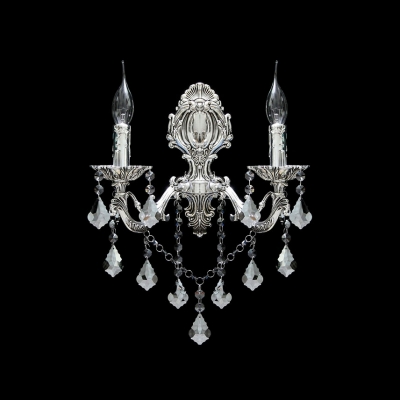 Glittering Two Candle Light Wall Sconce with Graceful Scrolling Arms and Beautiful Crystal Drops