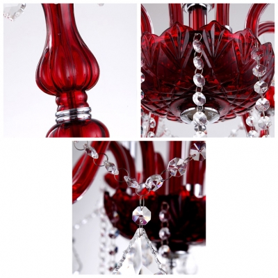 Red Arms and Clear Crystal Droplets 8-Light  Soft and Inviting Chandelier