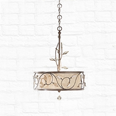 Rustic Iron Scrolls and Crystal Leaf Accented Drum Linen Shaded Large Pendant