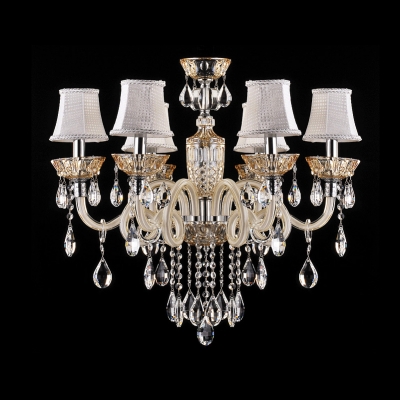 White Fabric Bell Shades Scrolled Glass Arms Hanging Clear Crytsal Drops Chandelier Ceiling Light