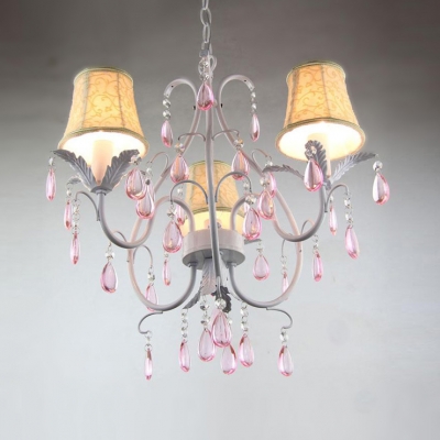 3-Light White Finished Curved Arms Romantic Pink Crystal Droplets Mini Chandelier