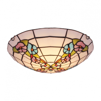 Adorable Blue and Purple Flowers Patterned Glass Shade Two Lights Tiffany Flush Mount Ceiling Light