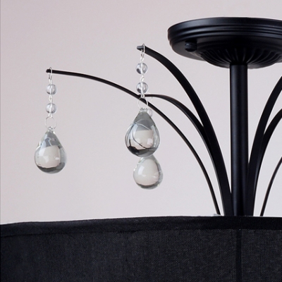 Black Fabric Drum Shade Pairs with Clear Crystal Drops Add Mystery to Splendid Semi-Flush Mount Light