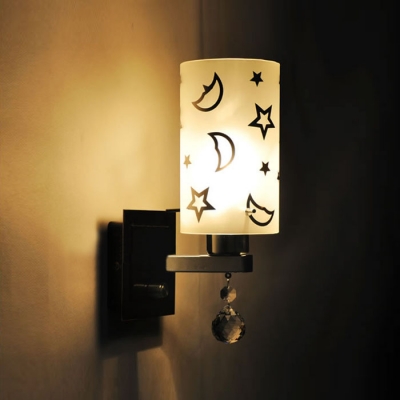 Contemporary Chrome Finish Crystal Accented Single Light Wall Sconce with Moon-Star Pattern Glass Shade