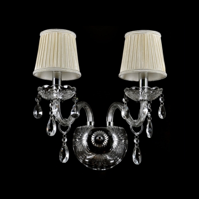 Enchanting Beige Fabric Shades and Clear Bobeches and Drops Add Glamour to Double Lights Wall Sconce