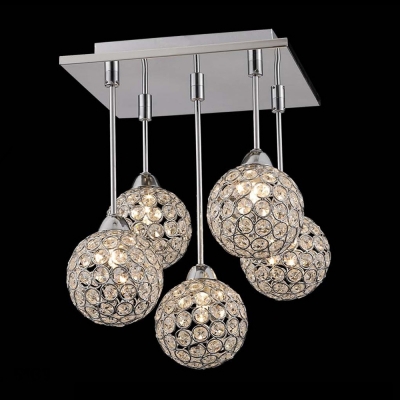 Gracefully 5-Light Crystal Globe Shades and Stainless Steel Canopy Multi-Light Pendant