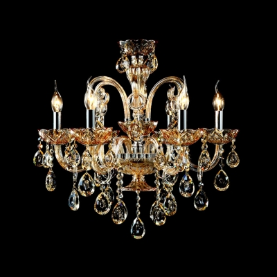 Grand and luminous Clear Hand-cut Crystal Chandelier Gleams with Amber Finish and Curving Scrolling Arms