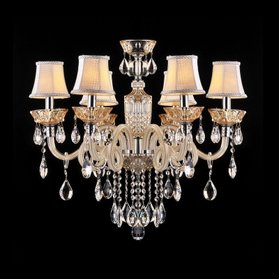 White Fabric Bell Shades Scrolled Glass Arms Hanging Clear Crytsal Drops Chandelier Ceiling Light