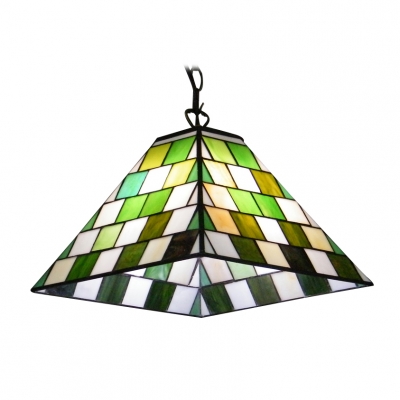 Art Glass Style Green Grid Motif Single Light Tiffany Glass Shade Pendant Light