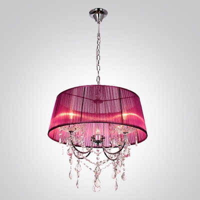 Chandelier Features Brown Fabric Shade with Hanging Clear Crystal Creates Magnificently Look