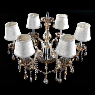 Cream Colored Fabric Bell Shade Champagne  Crystal Strands and Droplets Cascades Chandelier