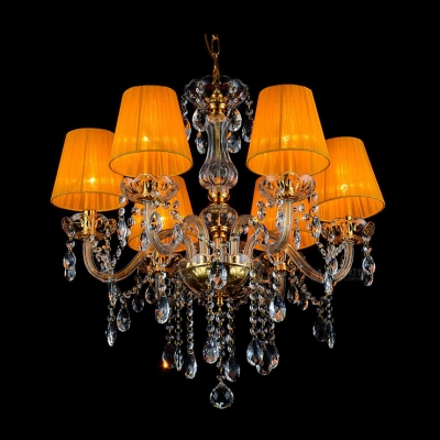 Dainty Six Lights Stunning Crystal Droplets and Support 23.6"High Chandelier with Golden Fabric Shades