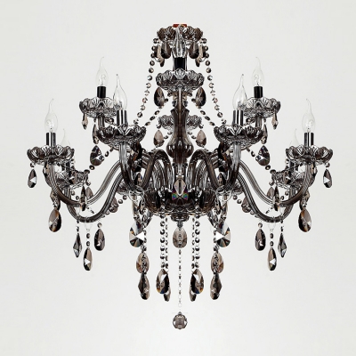 Majestic Double-Tiered 12-Light Smoky Strands of Crystal Bobeche and Pendants Chandelier