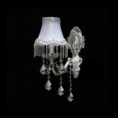 Ravishing Polished Silver Finish Plate Pairs with Grey Fabric Bell Shade Add Charm to Decorative Single Light Wall Sconce