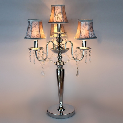 Sophisticated Three Light Table Lamp Adorned with Delicate Fabric Bell Shades and Decorative Crystal Beads