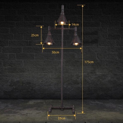 Three Lights Industrial Retro Pipe Accent Floor Lamp with Cone Shades