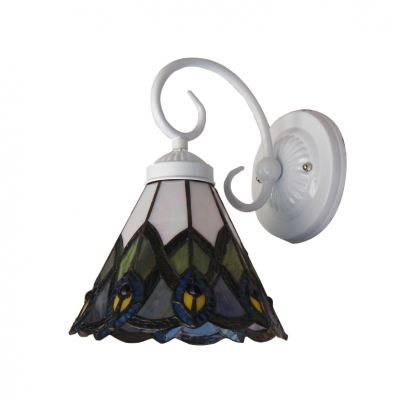 Tiffany Wall Sconce Crafted with Peacock Tail Pattern Glass Shade and Wrought Iron Base