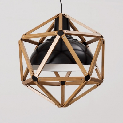 Wood Cage and Wrought Iron Bowl Inner Shaded Designer Pendant Light