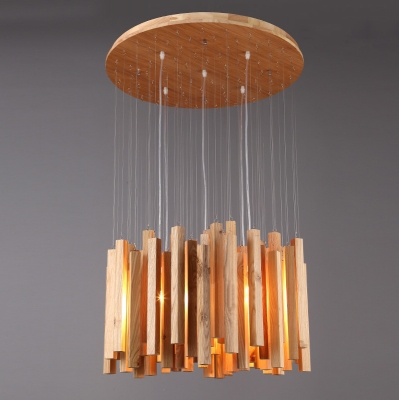 Round Wooden Canopy And Cluster Of Wooden Sticks Designer Pendant Light 23.6” Wide