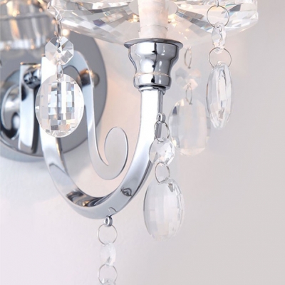 Attractive Polished Chrome Finish and Clear Crystal Drops Add Charm to Single Light Wall Sconce Topped with Black Fabric Shade
