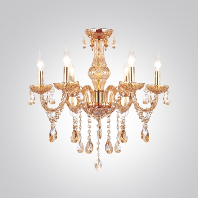 Crystal Chandelier Noteworthy for Ornate Arms and Scrolls Hung with Irregular Gleaming Crystal