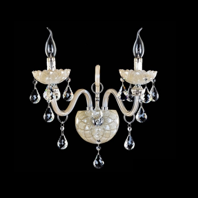 Curvaceous Dazzling Two Light Wall Sconce with Elegant Crystal Scrolling Arm and Drops