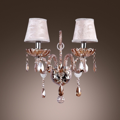 Lavish Elegant Wall Sconce Completed with Two Orange Fabric Shade and  Amber Crystal Droplets